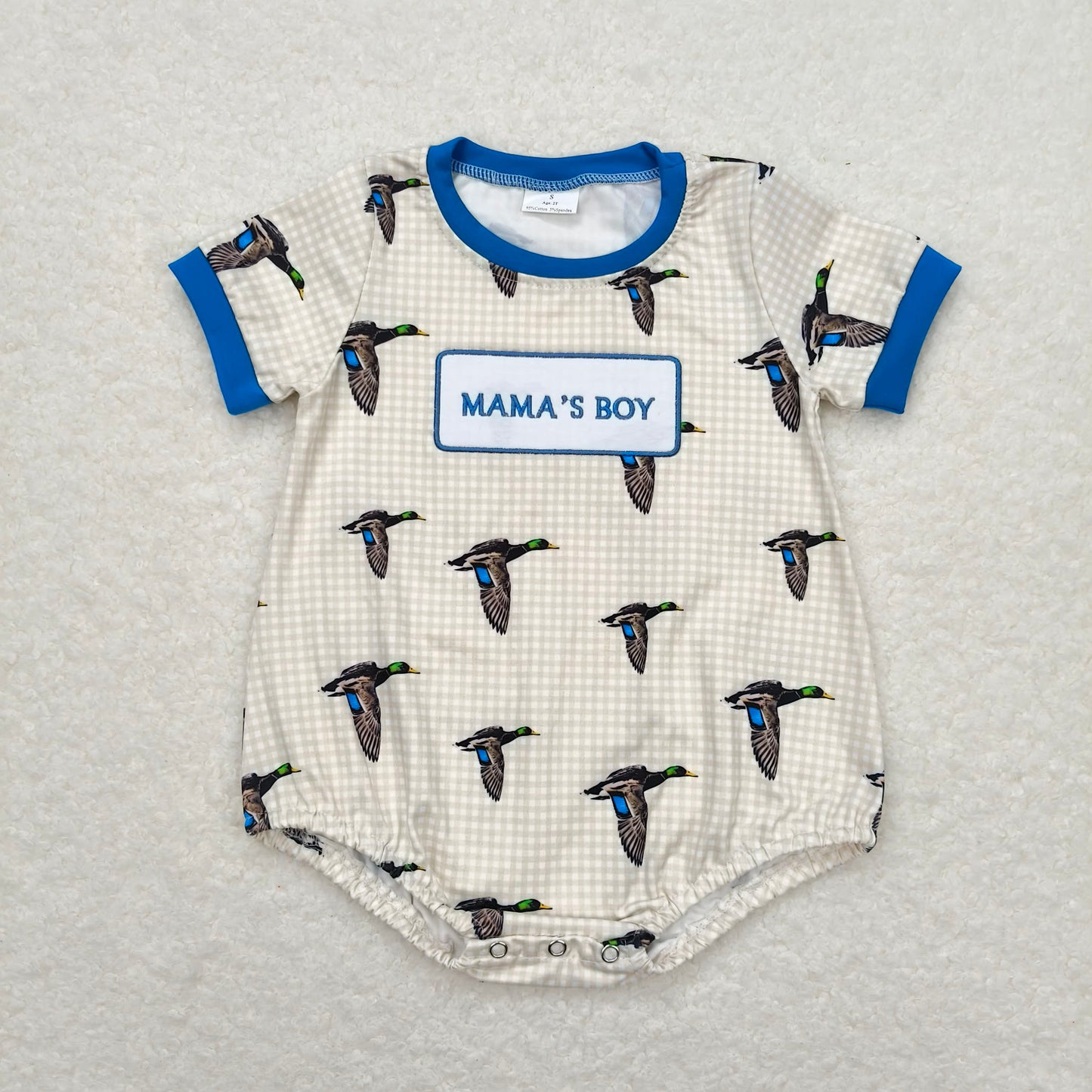 SR1377 mama's boy embroidered duck plaid short sleeve jumpsuit