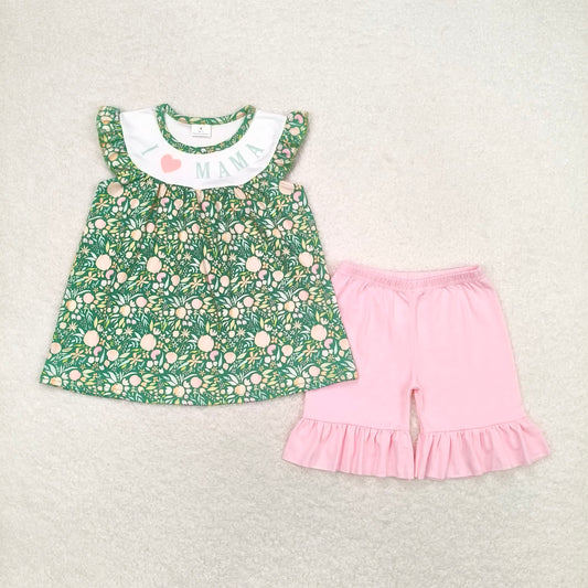 GSSO0913 I love mama letter flower green short-sleeved pink shorts suit