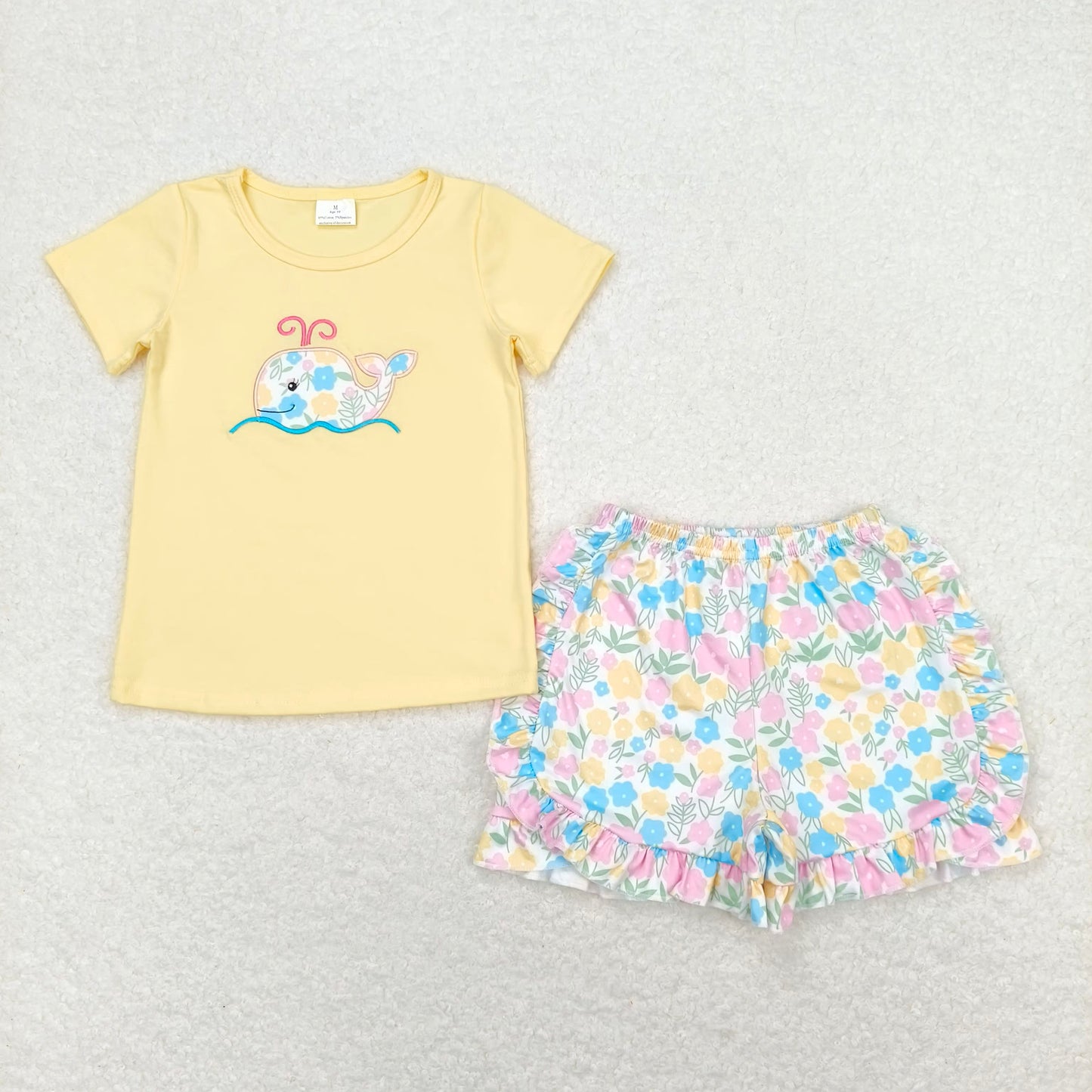 GSSO0765 Embroidered Flower Whale Yellow Short Sleeve Shorts Set