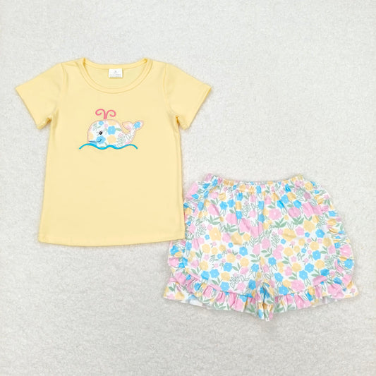 GSSO0765 Embroidered Flower Whale Yellow Short Sleeve Shorts Set