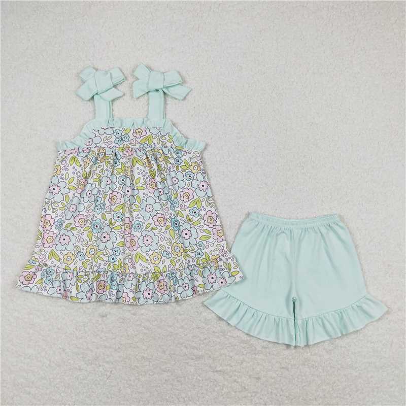 GSSO1018 Floral light blue lace suspender shorts suit