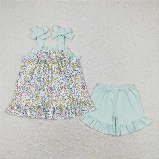 GSSO1018 Floral light blue lace suspender shorts suit