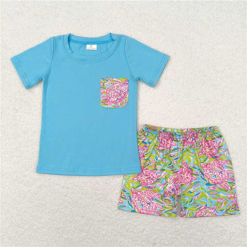 BSSO0846 Turtle Seaweed Pocket Blue Short Sleeve Shorts Pajama Set