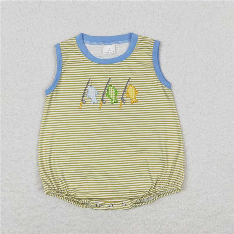 SR1281 Embroidered Fishing Yellow Striped Vest Jumpsuit