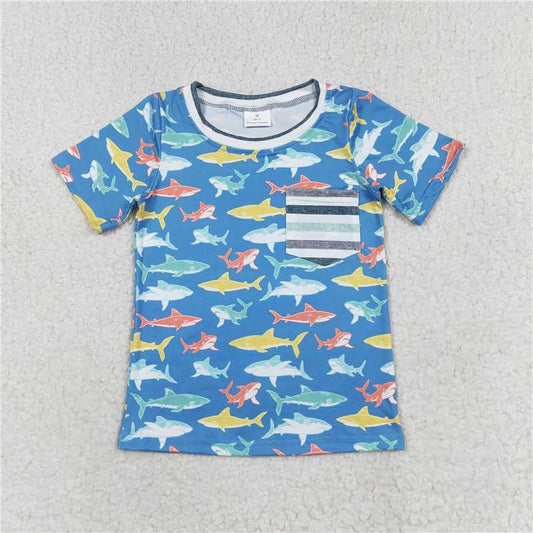 BT0667 Shark stripe pocket blue short-sleeved top