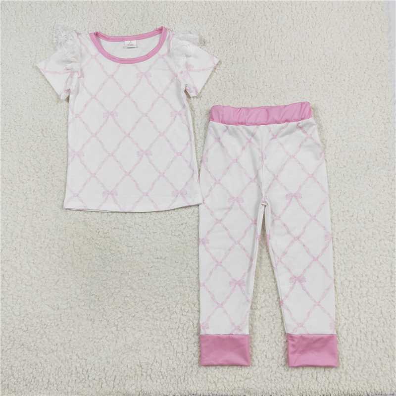 GSPO1517 Modal bow pattern pink and white short-sleeved long pants pajamas set