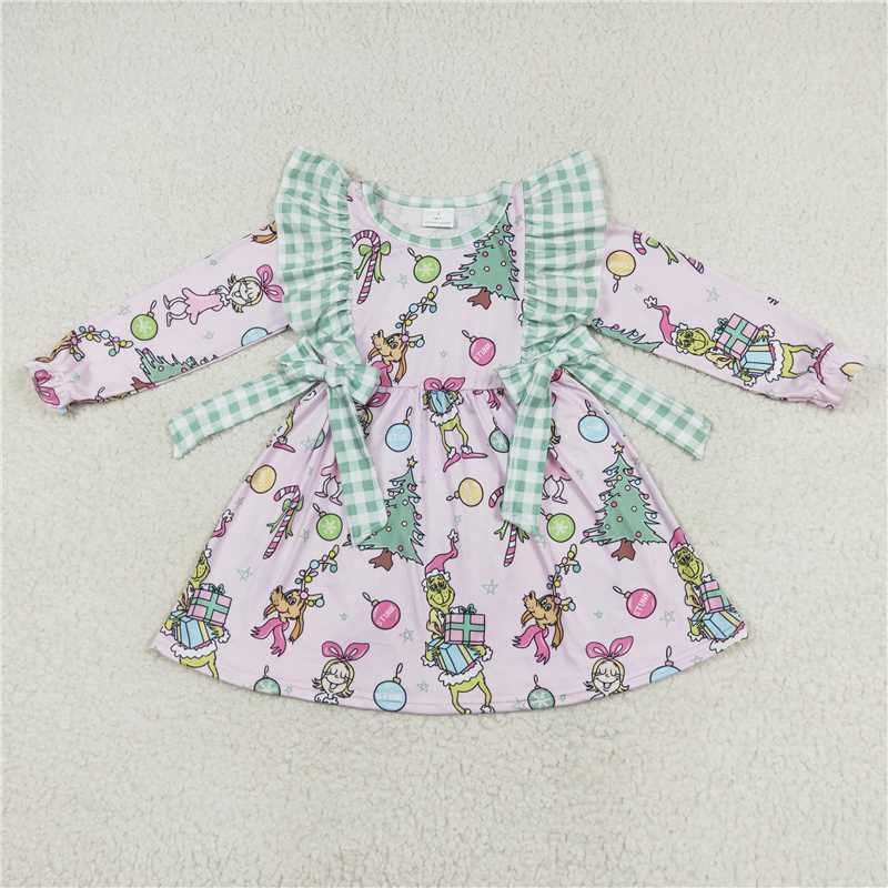 GLD0519 grinch Christmas gift green plaid lace bow pink long-sleeved dress