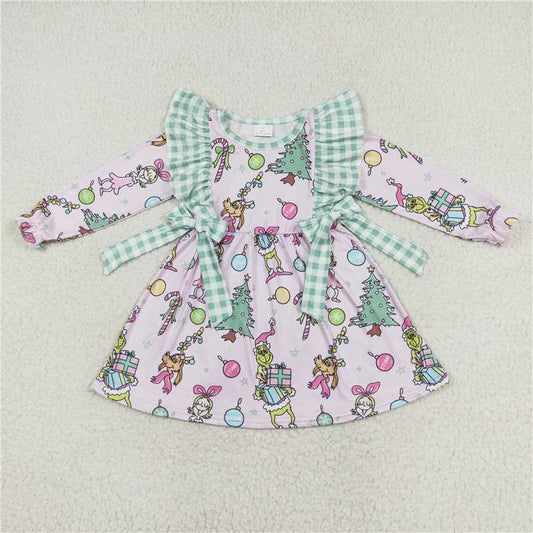 GLD0519 grinch Christmas gift green plaid lace bow pink long-sleeved dress