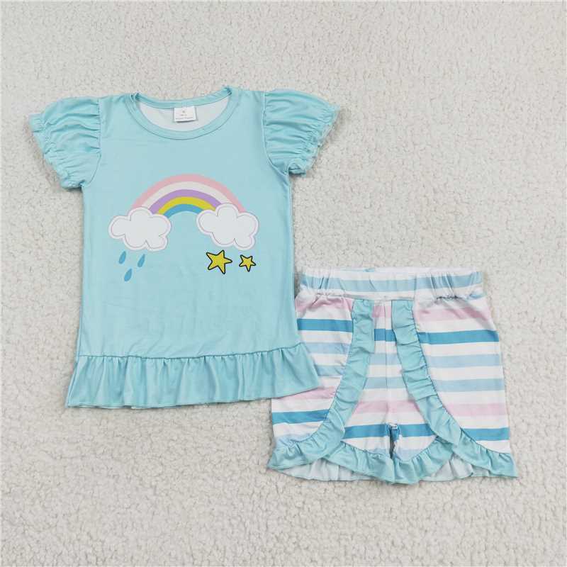 GSSO1227 Rainbow Cloud Blue Short Sleeve Striped Shorts Set