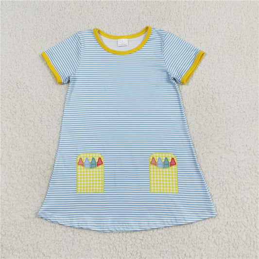 GSD1311 Pastel yellow plaid blue striped short-sleeved dress