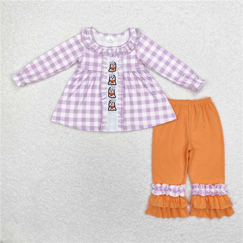 7.24 GLP1434 Embroidered ghost pumpkin purple plaid lace long sleeve orange trousers suit