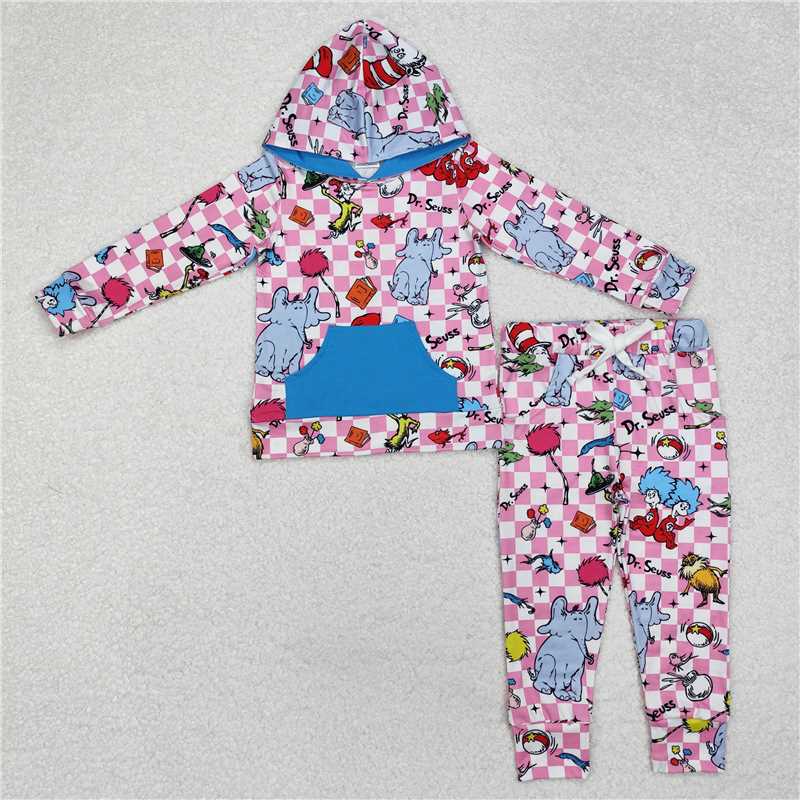 GLP1932 Dr Seuss blue pocket pink and white plaid hooded long-sleeved trousers suit