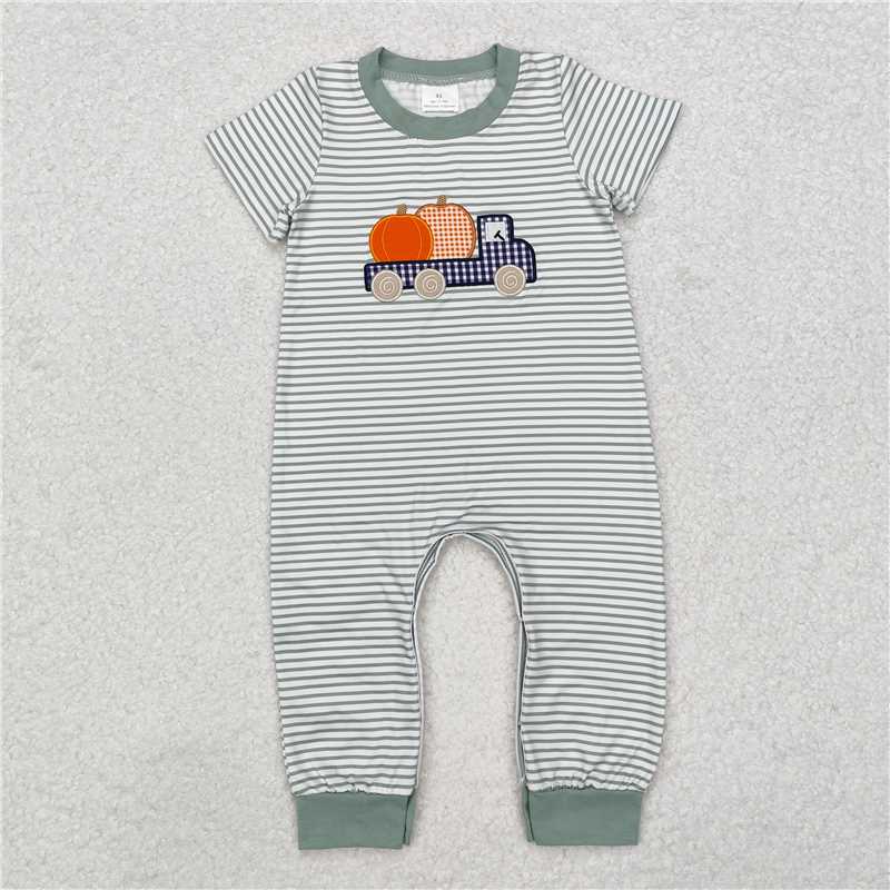 SR1958 Embroidered Pumpkin Trucker Stripe Short Sleeve Bodysuit