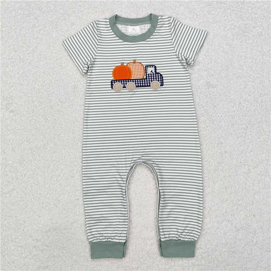 SR1958 Embroidered Pumpkin Trucker Stripe Short Sleeve Bodysuit