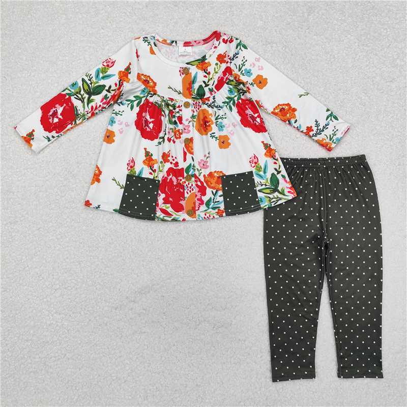 GLP1851 Flower leaf polka dot green pocket long sleeve trousers suit