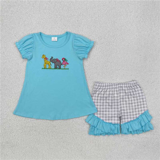 GSSO1520 Embroidery giraffe elephant bird animal blue short sleeve gray plaid lace shorts suit