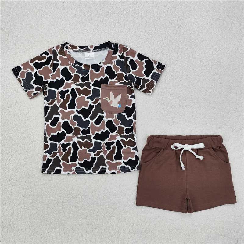 BSSO1010 Duck pocket camouflage short sleeve brown shorts set