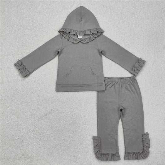 GLP2272 Pure gray lace hooded long-sleeved trousers set