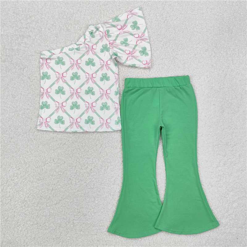 GSPO1793 Green trouser suit with one-shoulder sleeves and four-leaf clover bow pattern