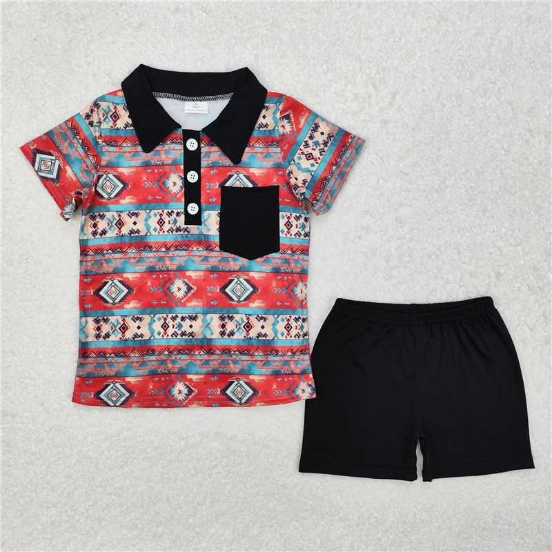 BSSO1140 Geometric black pocket blue and red short-sleeved shorts set