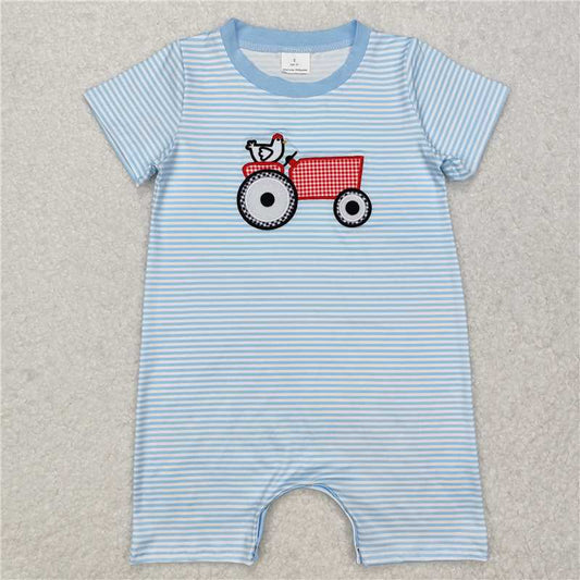 SR2406 Embroidered chicken tractor blue striped short-sleeved jumpsuit