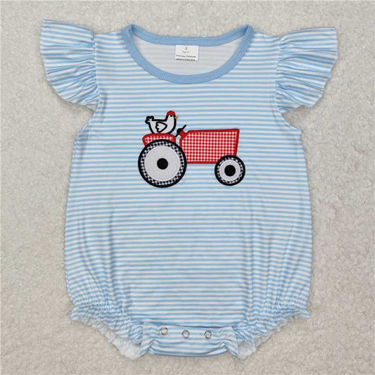 3.4SR2407 Embroidered chicken tractor blue striped vest jumpsuit