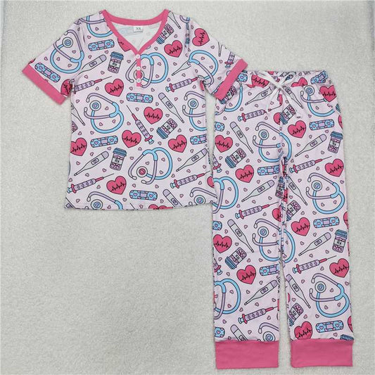 4.9  GSPO1861 Adult female heartbeat stethoscope pink short-sleeved trousers pajamas set