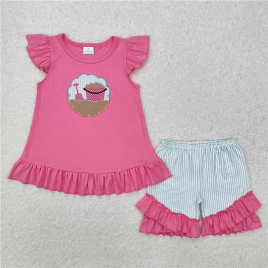 GSSO1785 Embroidered beach bucket and shovel pink flying sleeves striped shorts set