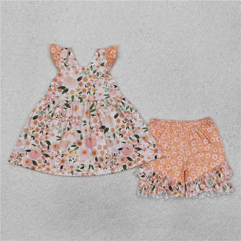GSSO1763 Flower leaf pink and orange flying sleeve shorts set