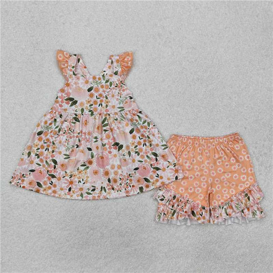 GSSO1763 Flower leaf pink and orange flying sleeve shorts set