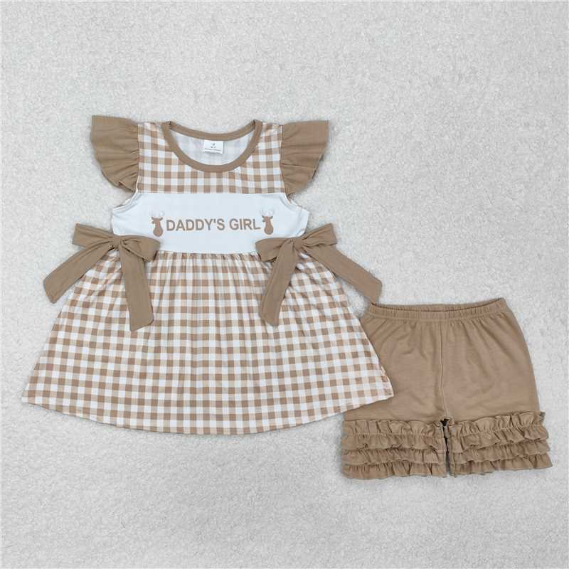 GSSO1644 Daddy's girl elk lace bow plaid flying sleeve shorts suit