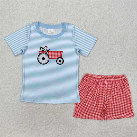 BSSO1172 Embroidered chicken tractor blue striped short sleeve red plaid shorts set