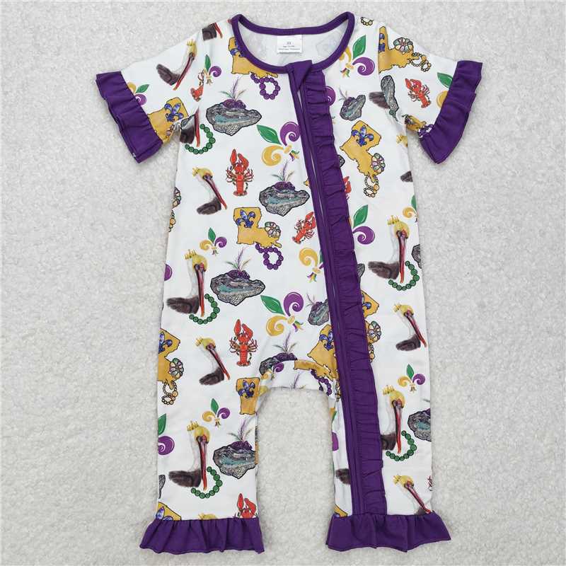 SR2422 Carnival animal lace purple and white zipper short-sleeved jumpsuit