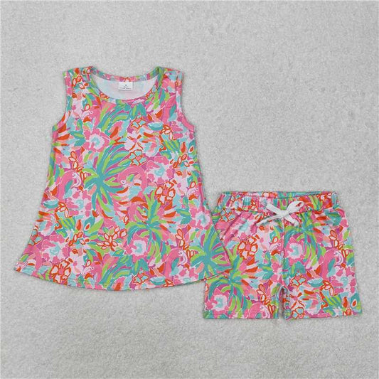 GSSO1749 Seagrass pink green sleeveless shorts set