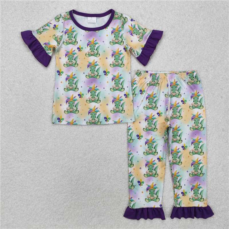 GSPO1766 Carnival crocodile purple lace short-sleeved long pants pajama set