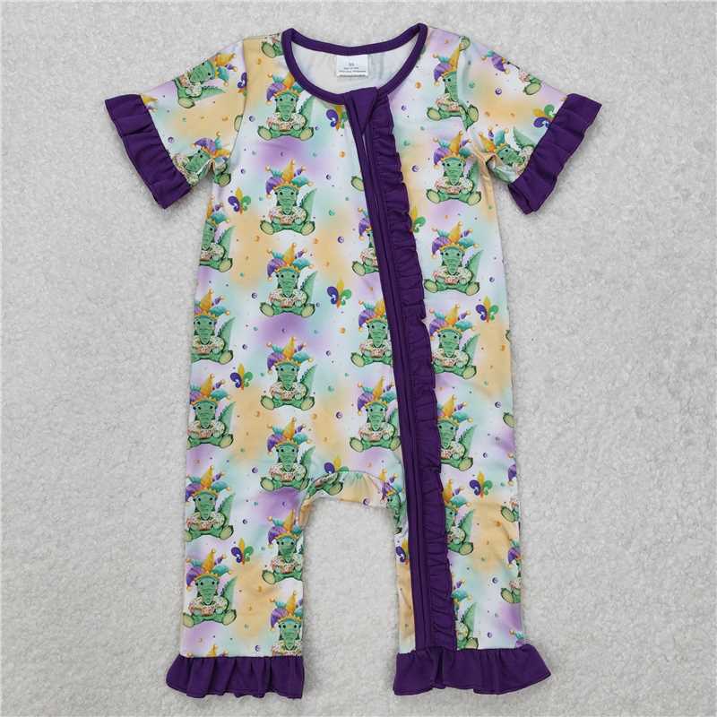SR2068 Carnival crocodile purple lace zipper short sleeve jumpsuit