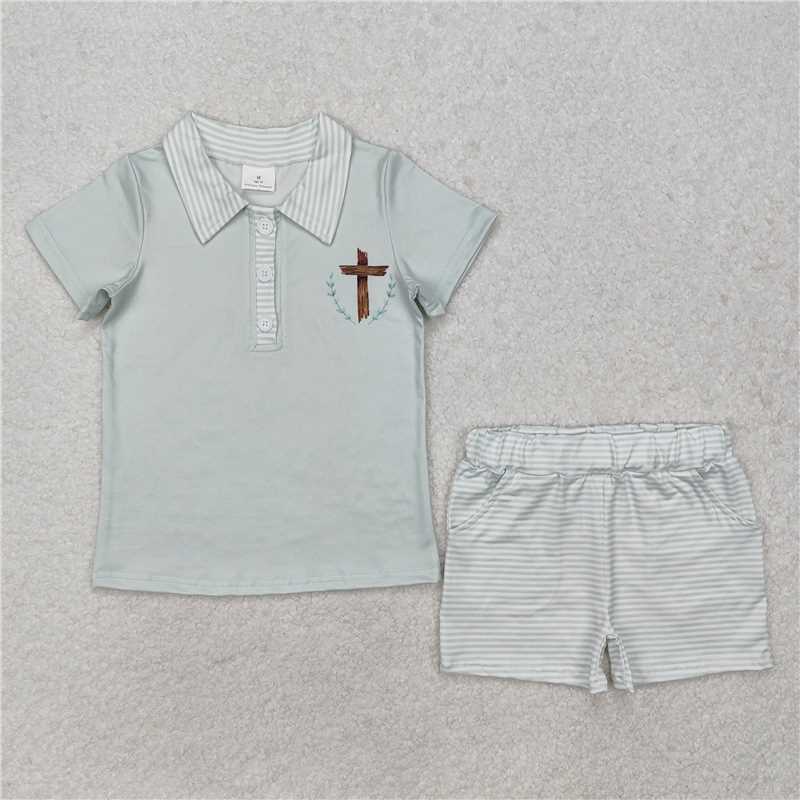 BSSO1025 Cross leaf green short-sleeved striped shorts set