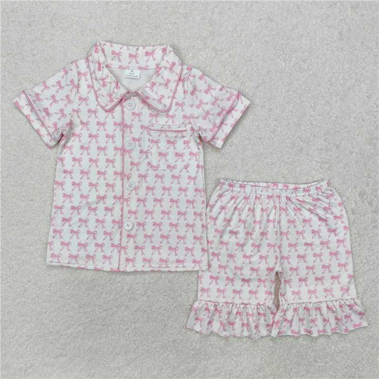 GSSO1820 White short-sleeved shorts pajama set with bow pattern