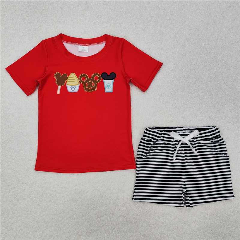 BSSO1110 Mickey Ice Cream Red Short Sleeve Striped Shorts Set