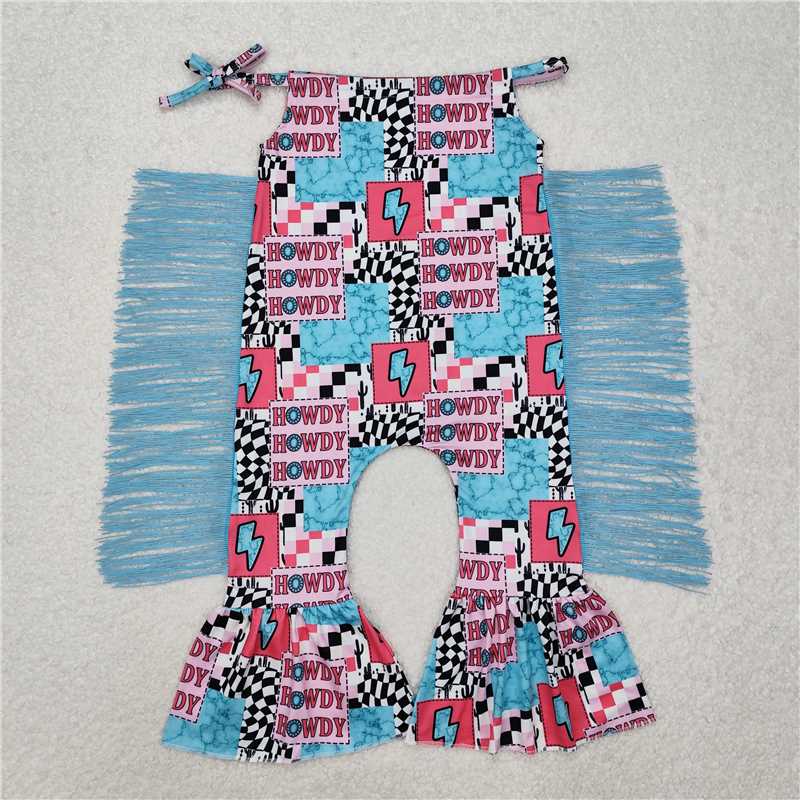 SR2090 howdy jewel lightning check tassel sleeveless jumpsuit
