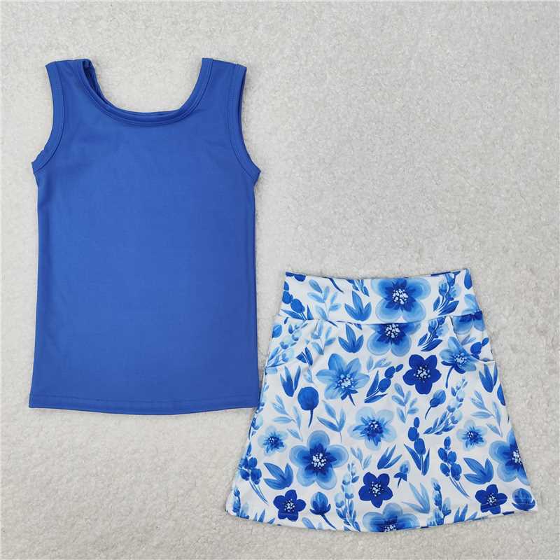 GSD1595 Pure blue vest flower pants skirt yoga set