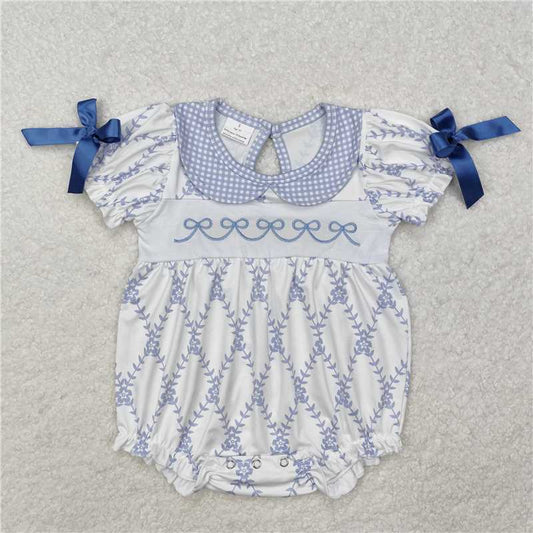 3.4SR2146 Embroidered flower, leaf and bow pattern plaid doll collar white short-sleeved jumpsuit