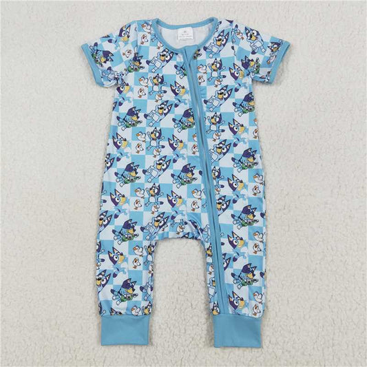 SR2454 bluey bird blue plaid zipper short-sleeved jumpsuit