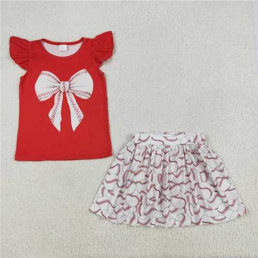 GSD1722 Baseball bow pattern red flying sleeves skirt suit