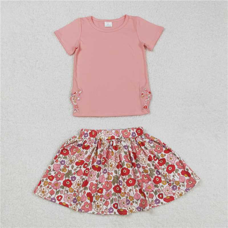 3.4GSD1721 Embroidered bow solid pink short-sleeved flower leaf pants skirt suit