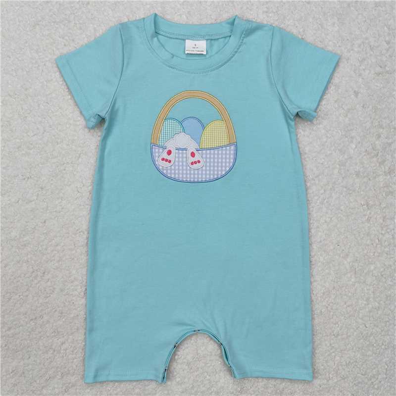 SR2293 Embroidered Boys Easter Bunny Egg Basket Teal Short Sleeve Bodysuit