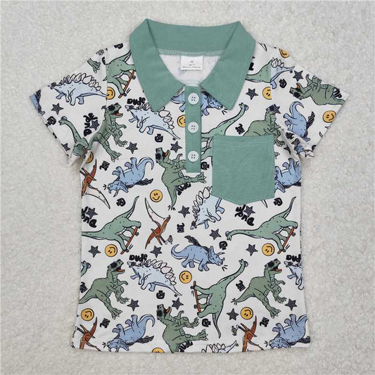 BT1133 Dinosaur smiley face star green pocket short-sleeved top