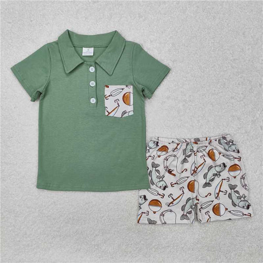 BSSO1216 Fishing pocket green short-sleeved shorts set