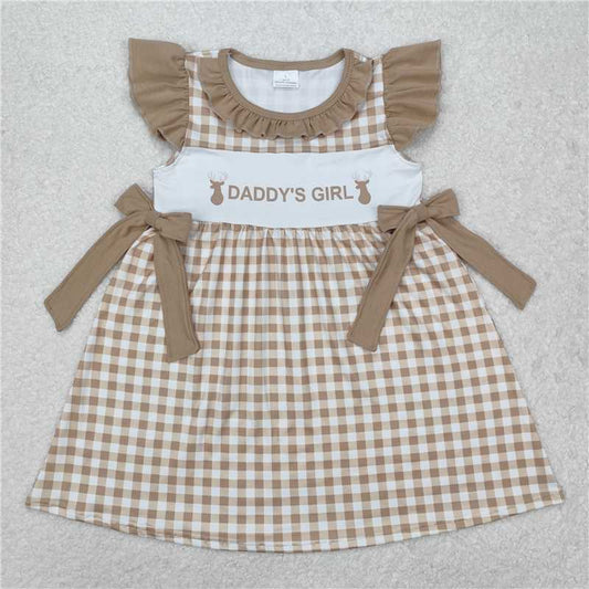 GSD1607 Daddy's girl elk lace bow plaid flying sleeve dress