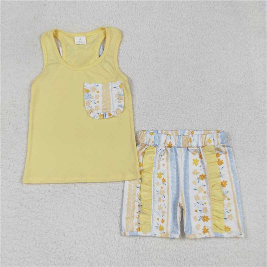 GSSO1788 Flower stripes pocket bow solid yellow vest shorts set